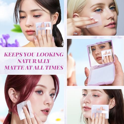 BOROLA 3-in-1 Oil Blotting Paper Set for Face Oil Absorbing Sheets with Mirror & Adhesive Makeup Puff, With Replacement Packs Blotting Papers for Oily Skin, Design for Men & Women(300 Sheets,Purple)