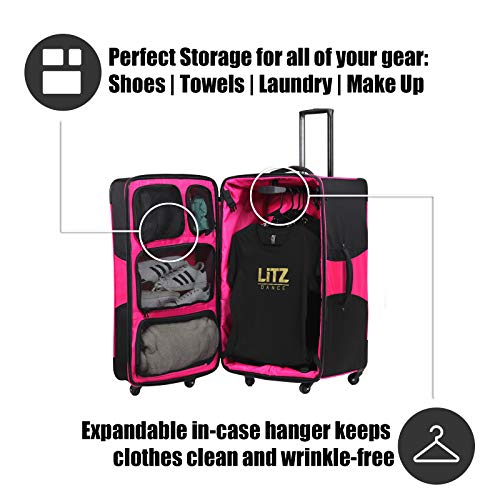 Pink And Black Suitcase - Dance Bag With Garment Rack - Rolling Garment Bag - Hanging Garment Bag - Dance Garment Bag For Costumes - Bag Rack Dance Bags - 29 In Suitcase - LITZ Competition Roller
