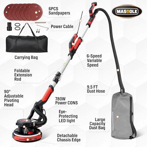 Drywall Sander, 780W Electric Drywall Sander with Vacuum Dust Collector, 6 Variable Speed 900-1800RPM, Extendable Handle, LED Light, 6pcs Sanding Discs - Thumbnail 6