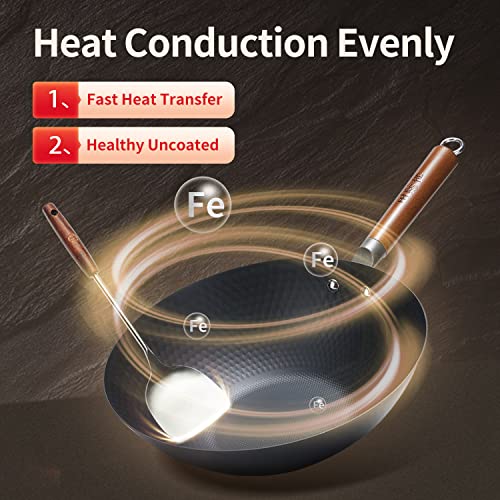 Wangyuanji Iron Wok,12" Lightweight Woks And Stir Fry Pans With Lid,Wooden Handle Carbon Steel Wok No Chemical Coated Flat Bottom Wok For Induction, Electric, Gas, Halogen All Stoves #TOP2