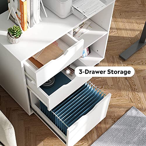Devaise 3-Drawer Wood File Cabinet, Mobile Lateral Filing Cabinet, Printer Stand With Open Storage Shelves For Home Office, White #TOP2