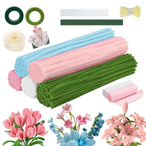 Qiorgar 680 PCS Pipe Cleaner Flower Crafts Kit 5 Colors Bulk Pipe Cleaners for DIY Pink Flowers All in One Chenille Stems Art and Craft Supplies for Gift