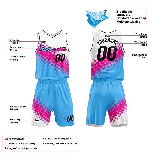 Custom Basketball Jersey Uniform Suit For Man Women Adults Kids Personalized Jersey (White-Hot Pink-Light Blue) #TOP2