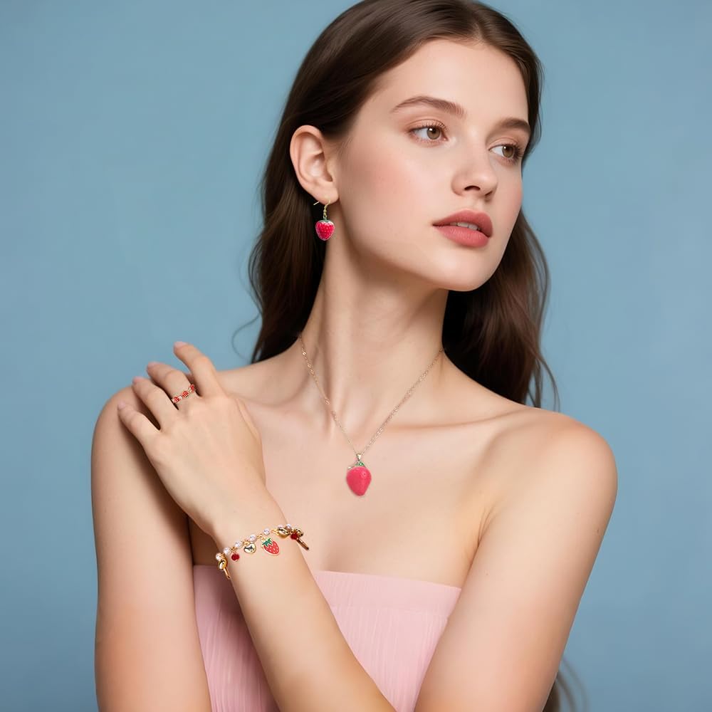 NIQIPOK Strawberry Cherry Jewelry Set 3D Simulation Strawberry Cherry Earrings Halloween Strawberry Cherry Necklace Bracelet Set Red Cherry Earring Fruit Charm Halloween Accessories - Image 2