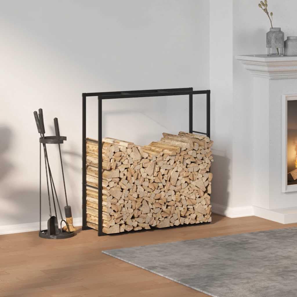 Estantería para leña de acero negro, 110 x 30 x 116 cm, para guardar leña, interior y exterior, estable estantería de metal para apilar y almacenar leña, ahorra espacio y es resistente a la intemperie