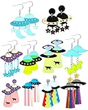 Yinkin 10 Pairs UFO Aliens Earrings for Women Space Weird Acrylic Earrings Flying Saucer Dangle Novelty Fun Glitter Cute Jewelry for Girls, Multiple Colors