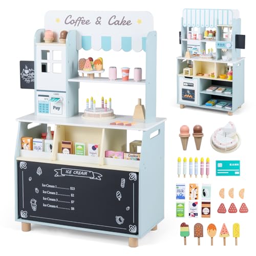 COSTWAY Kids Ice Cream Shop Wooden Grocery Store Playset with 27 Accessories Ice Cream Machine Coffee Machine Credit Card Machine & Oven Role Play Dessert Shop Stand for Ages 3+ (Blue)