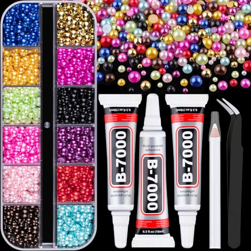 Image of Flatback Pearls for Crafting with 3Pcs 10ml B7000 Jewelry Glue, 1 Box of Half Round Colorful Pearls, Bedazzling Beads for DIY Crafts Clothing Tumblers Shoes Embellishment Nail Art