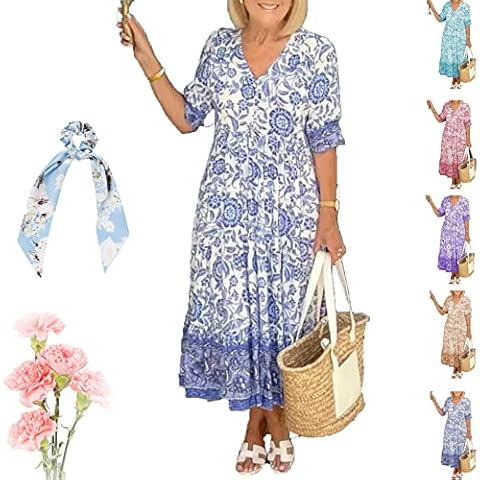 RJDJ Hermosor Dresses V Neck Bohemian Dress for Womens Summer Printed Floral Short Sleeve Beach Dress (L,Blue) Cover