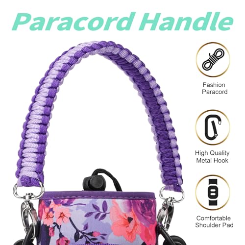 Image of 32 oz 40 oz Water Bottle Sleeve with 4 Pocket, Neoprene Water Bottle Carrier Bag with Strap & Paracord Handle, Metal Steel Water Flask Sling Pouch Holder for Walking Hiking-Purple Rose
