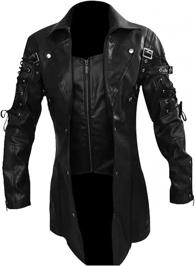 AREENO Men's Real Black Leather Goth Matrix Trench Coat Steampunk Gothic Jacket
