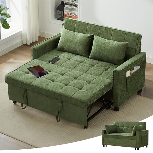 Tbfit 57" Loveseat Sleeper Convertible Sofa Bed, Futon Couch with Pullout Bed, USB & Adjustable Backrest, Chenille Full Size Pull Out Couches for Living Room, Apartment, Office, Dorm, RV, Green