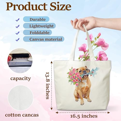Dog Flowers Canvas Tote Bag, French Bulldog Aesthetic Grocery Bag, Floral Puppy Beach Bag Gifts For Women Dog Mom Dog Owner Dog Lovers Friends Family, Funny Doggie Reusable Shopping Bag, 042