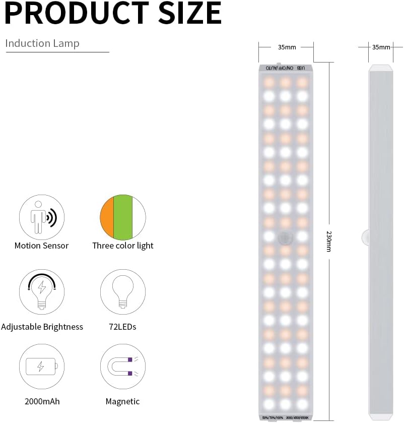 LED Closet Lighting with Motion Sensor, 72 LEDs Dimmable 3000K-6500K Wall Lamp LED Cabinet Light Motion Activated, White/Natural/Warm White Sensor Lights for Cabinet, Kitchen, Porch
