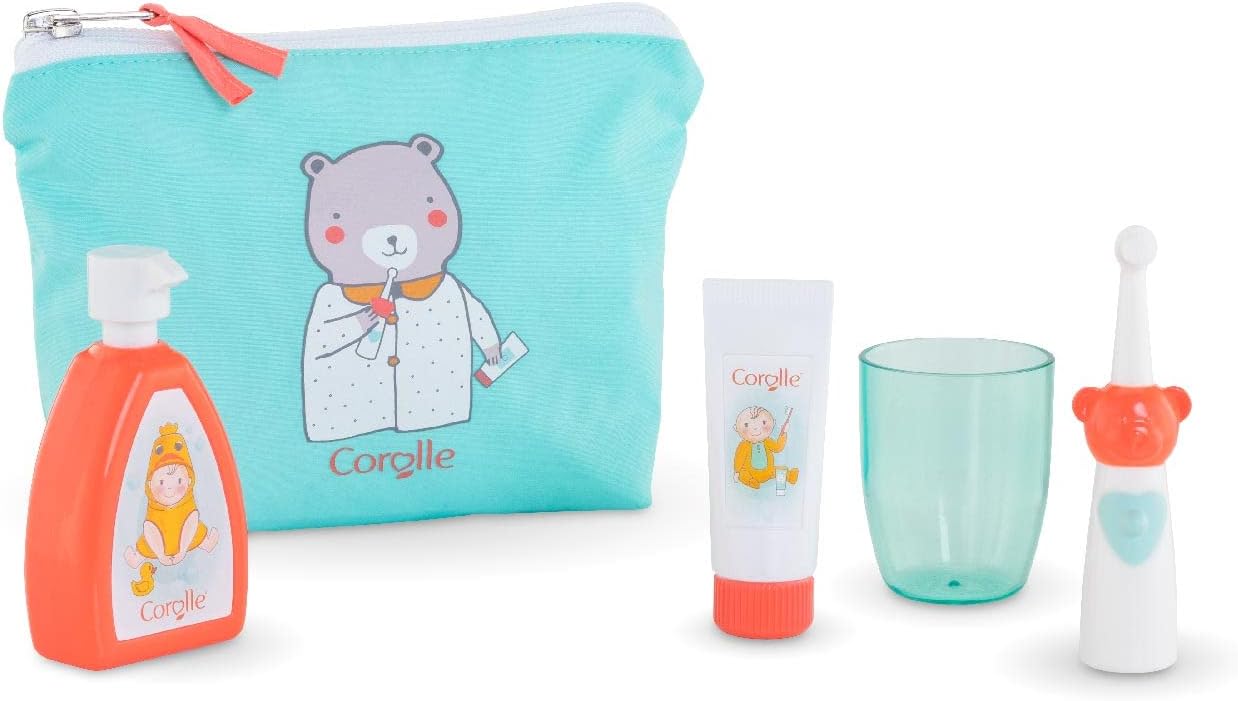 Corolle Baby Doll Care Pouch and Accessories Set - Includes Storage Bag, Drinking Cup, Pretend Electric Toothbrush, Toothpaste and Pump Bottle, for use with12, 14" and 17" Dolls (141310)