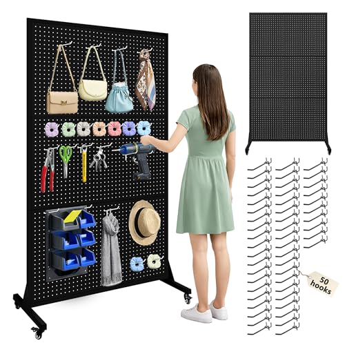 Royxen 3.6 x 6 Feet Metal Pegboard with 50 Hooks, Large Standing Pegboard Display with T-Base, Peg Board Display Stand with Wheels, Art Display Stand for Retail Stores Exhibitions Homes (Black)
