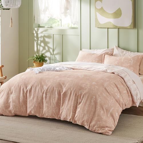 Image of Bedsure Queen Comforter Set - Blush Pink Bed Set, 3 Pieces Cute Floral Bedding, 1 Soft Reversible Botanical Flowers Comforter and 2 Pillow Shams