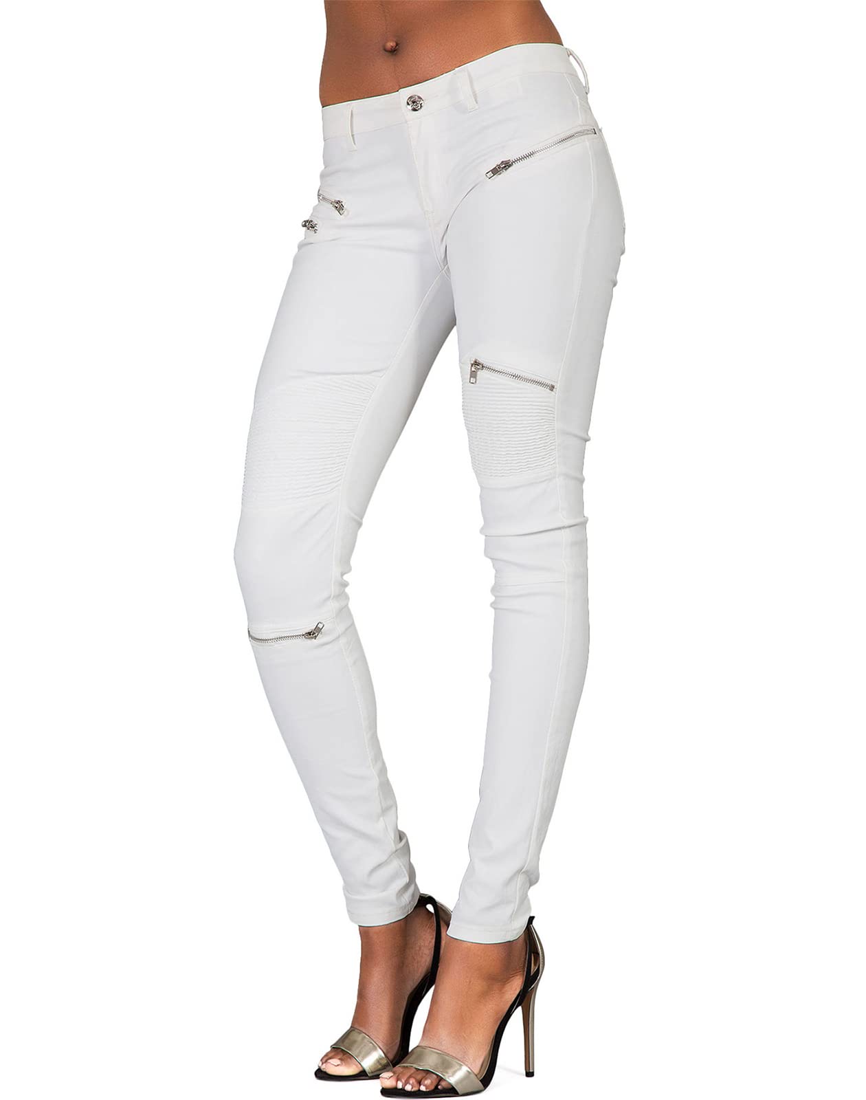 Caige Women's Skinny Faux Leather Jeans Stretch Denim Biker Leggings,White,XL