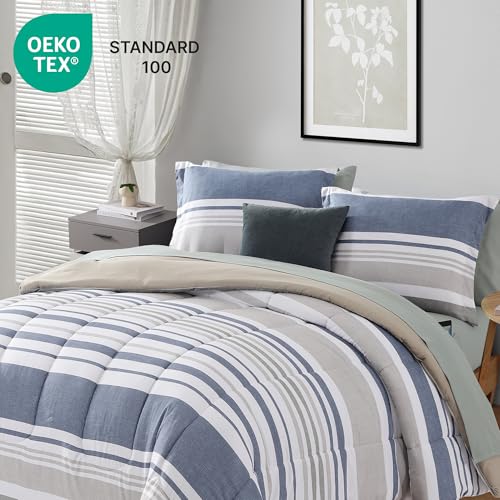 Image of Monbix Full Size Comforter Set - 7 Pieces Bed in a Bag Full, Ocean Blue-Stripe Bedding Sets, All Seasons Comforter Bed Set with Sheets, Pillowcases & Shams
