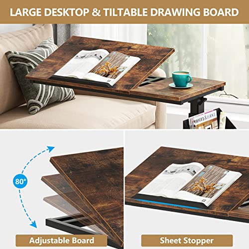 Tribesigns Height Adjustable C Shaped End Table with Wheels and Side Pocket, Mobile Sofa Snack Table with Tiltable Drawing Board, Laptop Side Tray Table for Couch Bed (Rustic Brown) by Tribesigns - Used condition - Image 5