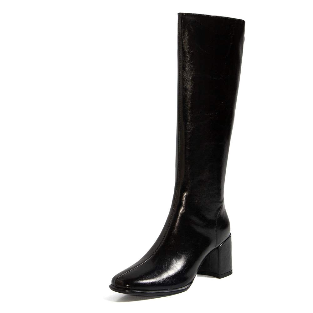 TinaCus Women's Genuine Leather Handmade Square Toe Mid Chunky Heel Knee High Boots with Back Zipper