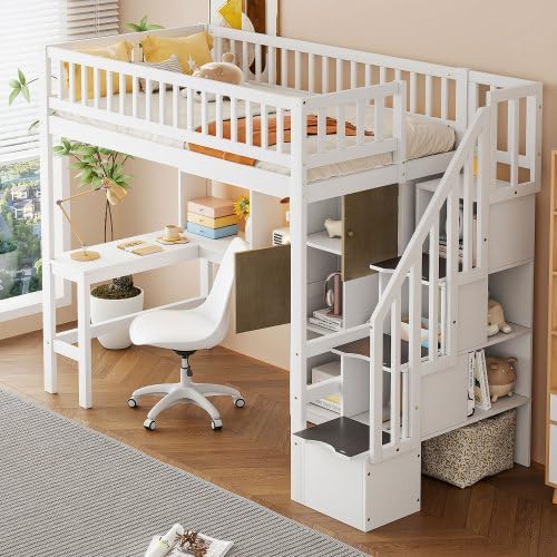 Twin Size Loft Bed with LED Desk and Staircase, Wooden Loft Bed Frame with Storage Cabinets and Shelves for Kids Teens (White)