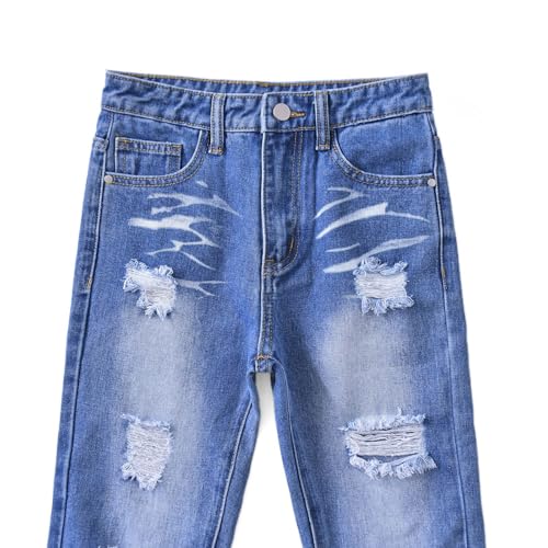 Boy's Skinny Fit Denim Pant Streetwear Retro Distressed Zipper Jeans with Pockets Hip Hop Clothes Comfy Stretch Trouser 5-14Y4