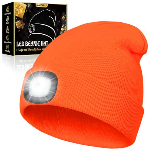 MANWALD LED Beanie Hat with Light, USB Rechargeable LED Headlamp, Christmas Stocking Stuffers for Men Adults, Gifts for Men Him Husband, Boyfriend, Orange