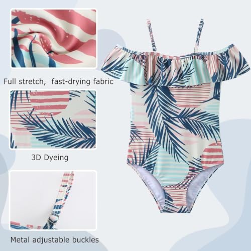 Image of Girls One Piece Swimsuits Off Shoulder Bathing Suit Kids Hawaiian Floral Swimwear 3-16 Years