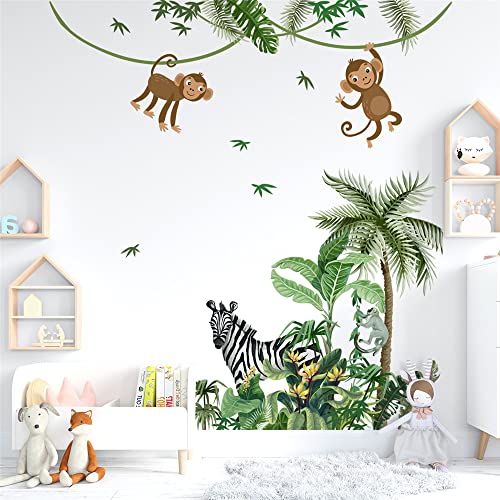 Large Size Tropical Palm Green Leaf Plant Animals Jungle Wall Decals For Kids Room Bedroom Cute Monkey Zebra Giraffe Big Vinyl Self-Adhesive Wallpaper Peel And Stick Woodland Forest Kindergarten Decoration Sticker Removable Diy Nursery Mural #TOP1