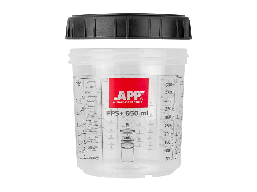 APP FPS+ Kit 650 ML – 50 gobelet Plastique avec Couvercle Filtre 125 µm avec 1 Godet Rigide gradué avec Bague de Serrage | Système de gobelet avec Couvercle pour Pistolet Peinture carrosserie