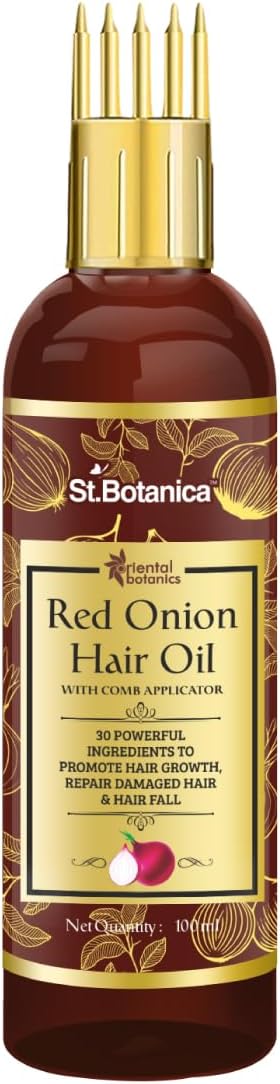 Oriental Botanics Red Onion Hair Oil with Comb Applicator 100ml - With 30 Oils & Extracts for Stronger Growth and to Control Hair Fall