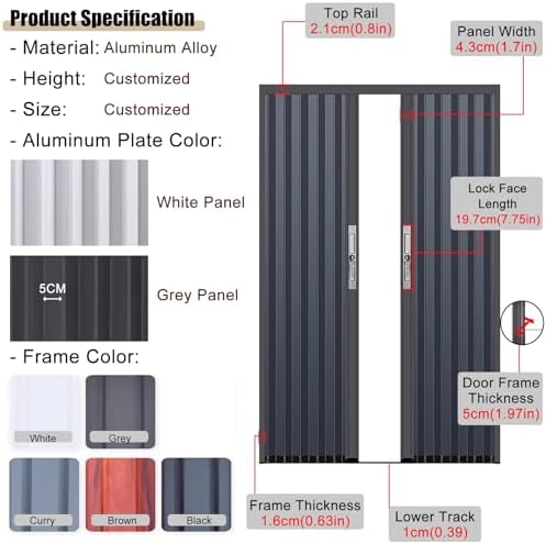 Double Folding Door Fitting Set for 60"-96" Openings, Bi-Fold Sliding Accordion Door, White Gray Aluminum Alloy, Interior with Lock & Key, 165cm x 230cm (65" x 90")