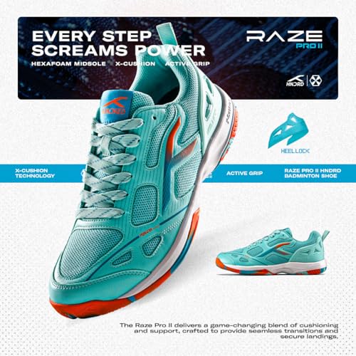 Image of Hundred Raze Pro II Badminton Shoes (Non Marking) Indoor Sports | Lightweight & Durable | X-Cushion | Active Grip Sole | Extended Heel Lock (Turquoise /Orange /White ; UK 5)