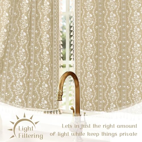 Image of Yinhua Boho Kitchen Curtains 36 Inch Length Vintage Linen Cafe Curtains Light Filtering Bohemian Floral Tier Rod Pocket Farmhouse Rustic Tassel Small Drapes with Tiebacks, 2 Panels, Natural