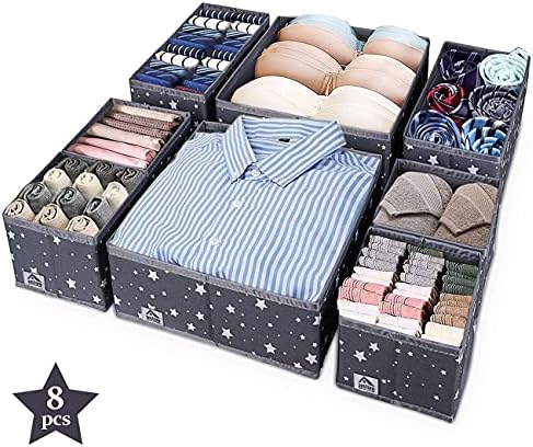 Anstore Set of 8 Drawer Organiser, Fabric Storage Box Foldable Wardrobe Organiser Closet Cabinet Dividers for Underwear, Socks, Ties, Scarves, Grey