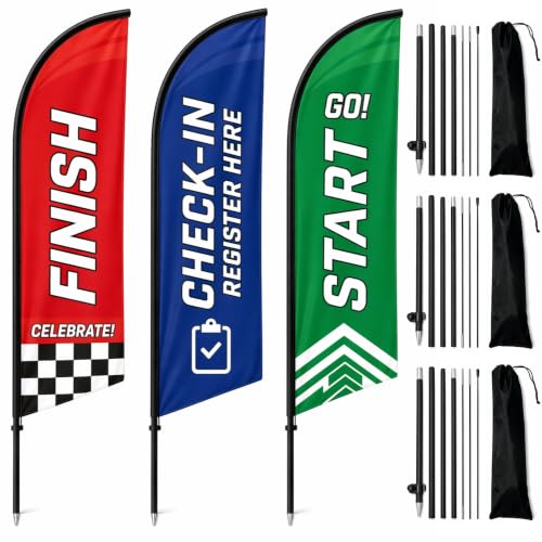 Race Start and Finish Feather Flag Set, 3 Pack 8 ft Event Banners with Poles, Ground Stakes and Carry Bags, Start Finish Check-In Signs for 5K Runs, Marathons, Cycling, Karting and School Sports