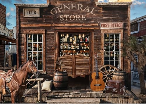 LTLYH 7x5ft Western Cowboy Backdrop Rustic Old Town Saloon Wooden General Store Horse Country Western Party Decoration Vintage Wild West Photography Background Banner Photo Booth Wall Decor 366