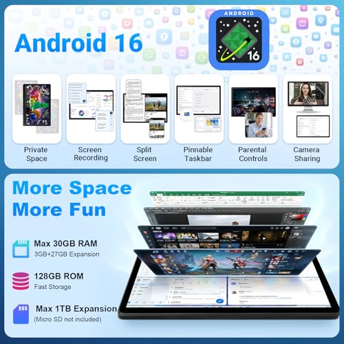 Image of 11 Inch 2 in 1 Android 16 Tablet with Keyboard Mouse Pen Case, 30GB RAM 128GB 1TB Expandable, 7800mAh Battery, HD Screen Widevine L1, Dual Cameras Face Unlock, WiFi 6 BT 5.4 Tablets Bundle