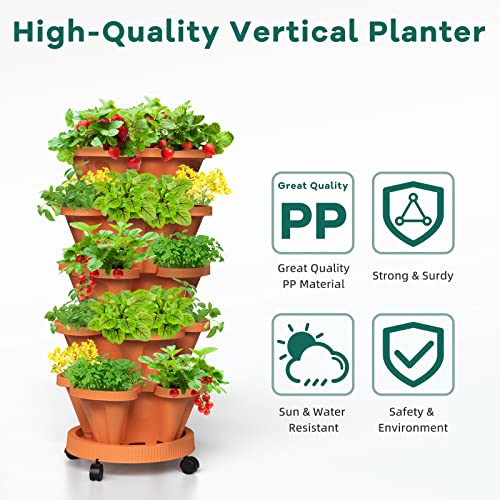 Tectsia Strawberry Vertical Planter Tower Garden, 3 Tiered Stackable Planter Herb Garden Planter With Movable Casters And Bottom Saucer Indoor And Outdoor - Terra Cotta #TOP7