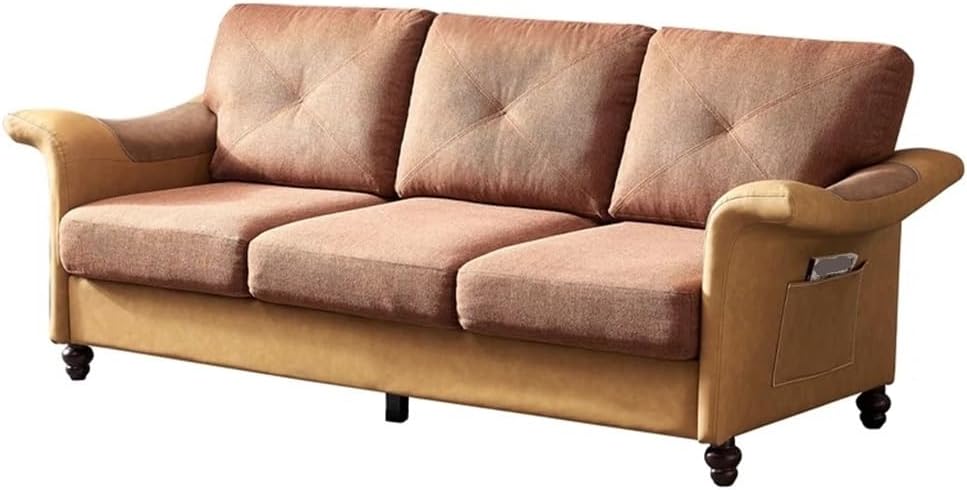 Living Room Furniture Linen Fabric Artificial Leather Wooden Leg Sofa (Reddish Brown), with Storage Box