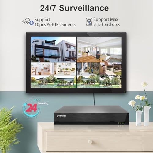 Evtevision 10 Kanal 4K NVR Überwachungssystem Rekorder, 10CH PoE NVR Recorder für 8MP/6MP/5MP/4MP/1080p/720p PoE IP Kamera, unterstützt ONVIF, HDMI/VGA Ausgang, Fernzugriff, H.265+, ES-N1710P