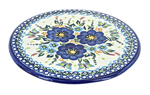 Blue Rose Polish Pottery - Garden of Blue Trivet - 7.5" Diameter - Ceramic Hot Plate Holder, Decorative Kitchen & Dining Table Accessory