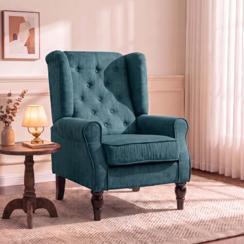 Image of Tufted Wingback Accent Manual Single Lounge Recliner Chair, Green | Tufted Wingback Accent Chair, Upholstered Single Lounge Chair with Solid Wood Legs