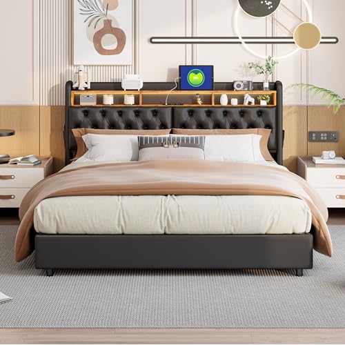 QMTXBYJ Cama Tapizada 180x200, Cama Matrimonio Cama 180x200 cm con Carga USB y Cabecero LED,Camas Matrimoniales con Almacenamiento Hidráulico,Camas Juveniles Cama Doble con Somier,Sin Colchon,PU
