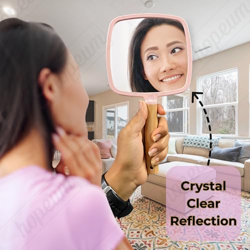 Image of Wood Hand Mirror Square Shaped Handle Makeup Mirror, Small Cute Wooden Shaving Mirror with Single Side Hanging Hole, Travel Portable for Men Women