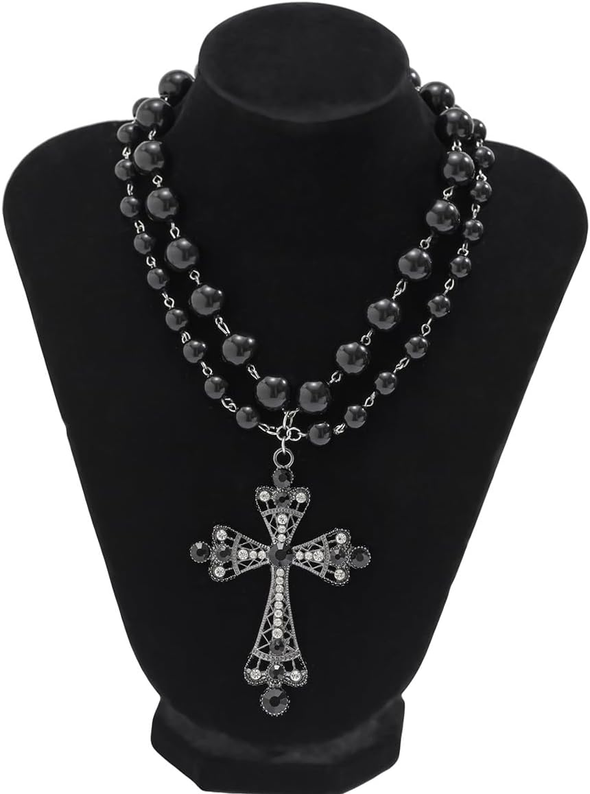 Pearl Cross Necklace Big Cross Necklace for Women Chunky Cross Necklaces Layered Pearl Beads Cross Pendant Necklaces Gothic Jewelry for Women - Image 5