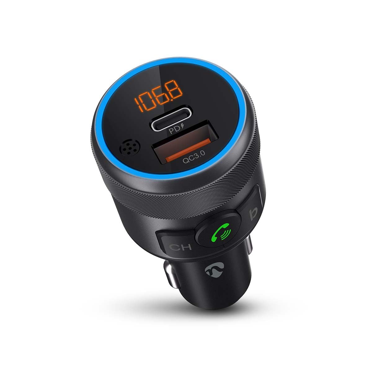 Nedis Kfz Audio FM Transmitter - Fest - freisprechend - 1" - Amber Screen - Bluetooth - PD 18 W/PD 24 W - Schnellladung - Bass Boost - Google Assistant/Siri - Schwarz