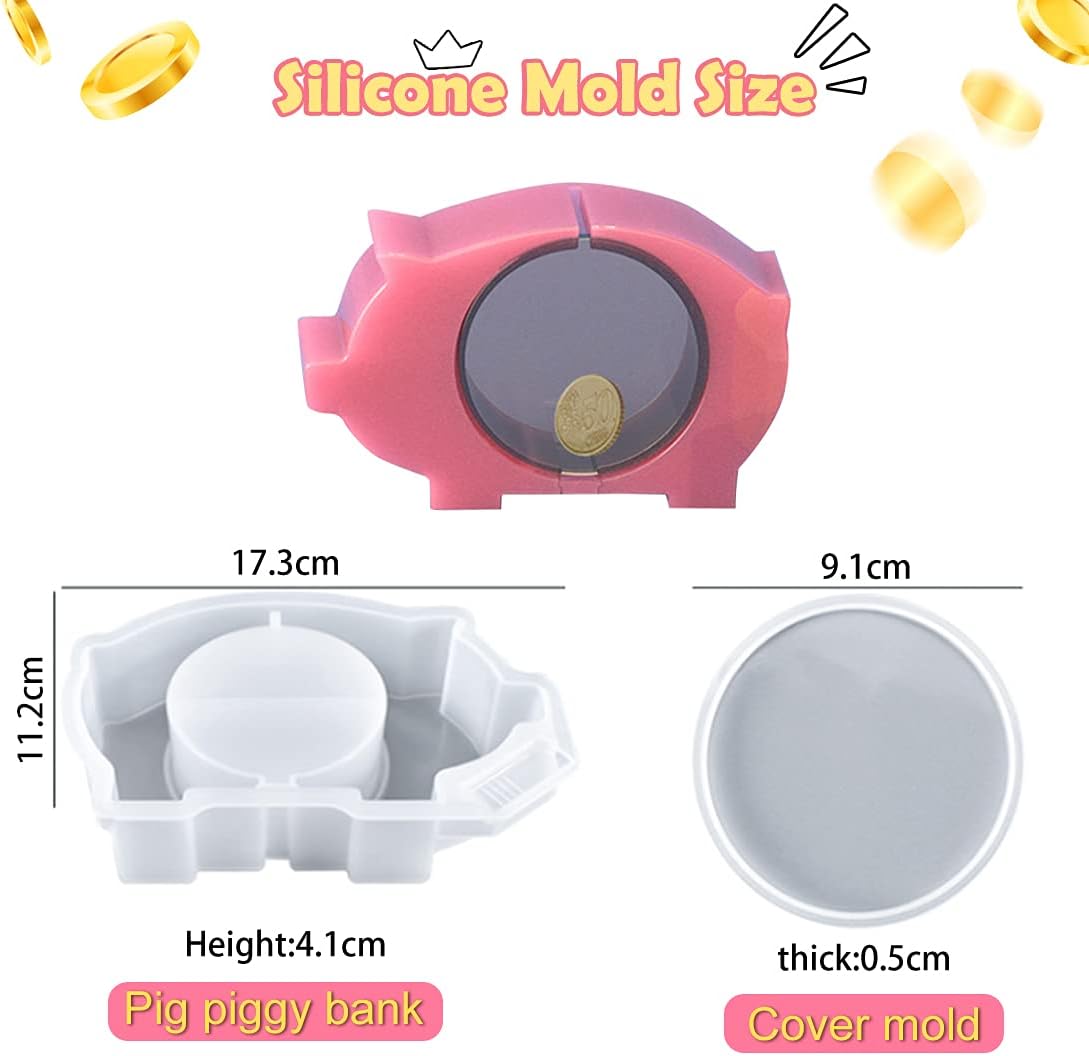 2 Pcs Piggy Bank Resin Molds Storage Elephant Hippo Pig Silicone Mold Coin Holder Molds Resin Jewelry Box Epoxy Mould DIY Crystal Agate Casting Mold for Coins, Jewelry Organizer