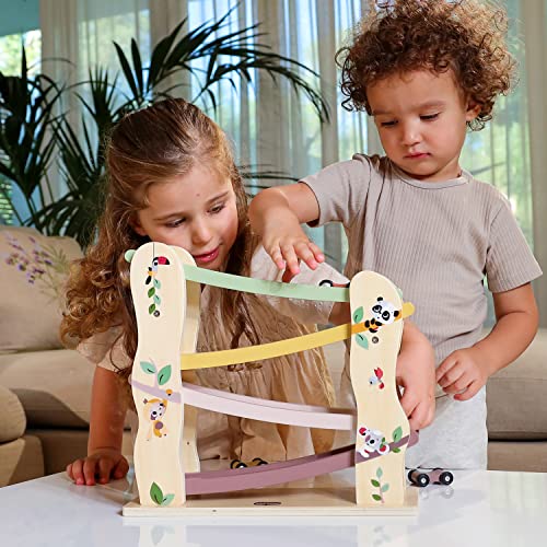 Tiny Love Spielzeug Holz-Rennwagen Rampe, Autorennbahn Holz mit 4 leichtgängigen Holzrennautos, feinmotorische Fähigkeiten, kognitive Entwicklung, natürliches Design, 18+ Monate, Boho Chic